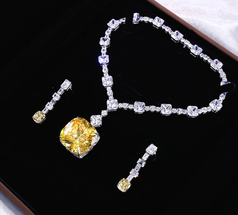Jewelry Set, Stunning High Quality Imitation Yellow Diamond Lady Gaga Oscar Necklace Pendant Earrings, 18K White Gold Plated S925 Sterling Silver Necklace