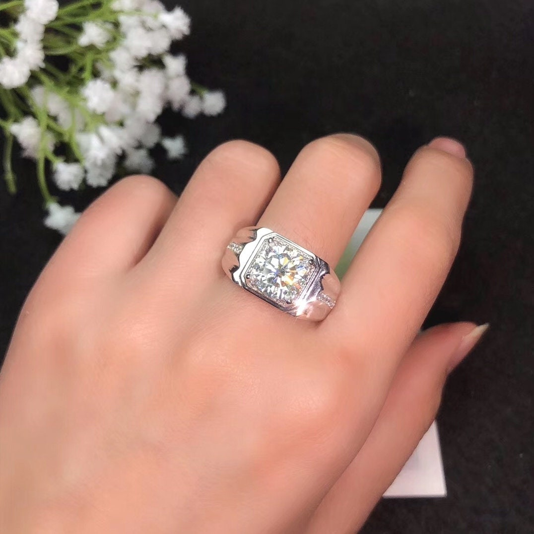 3 Carat Top Grade Moissanite Ring For Men, S925 Sterling Silver, Handmade Wedding Engagement Gift Art Deco