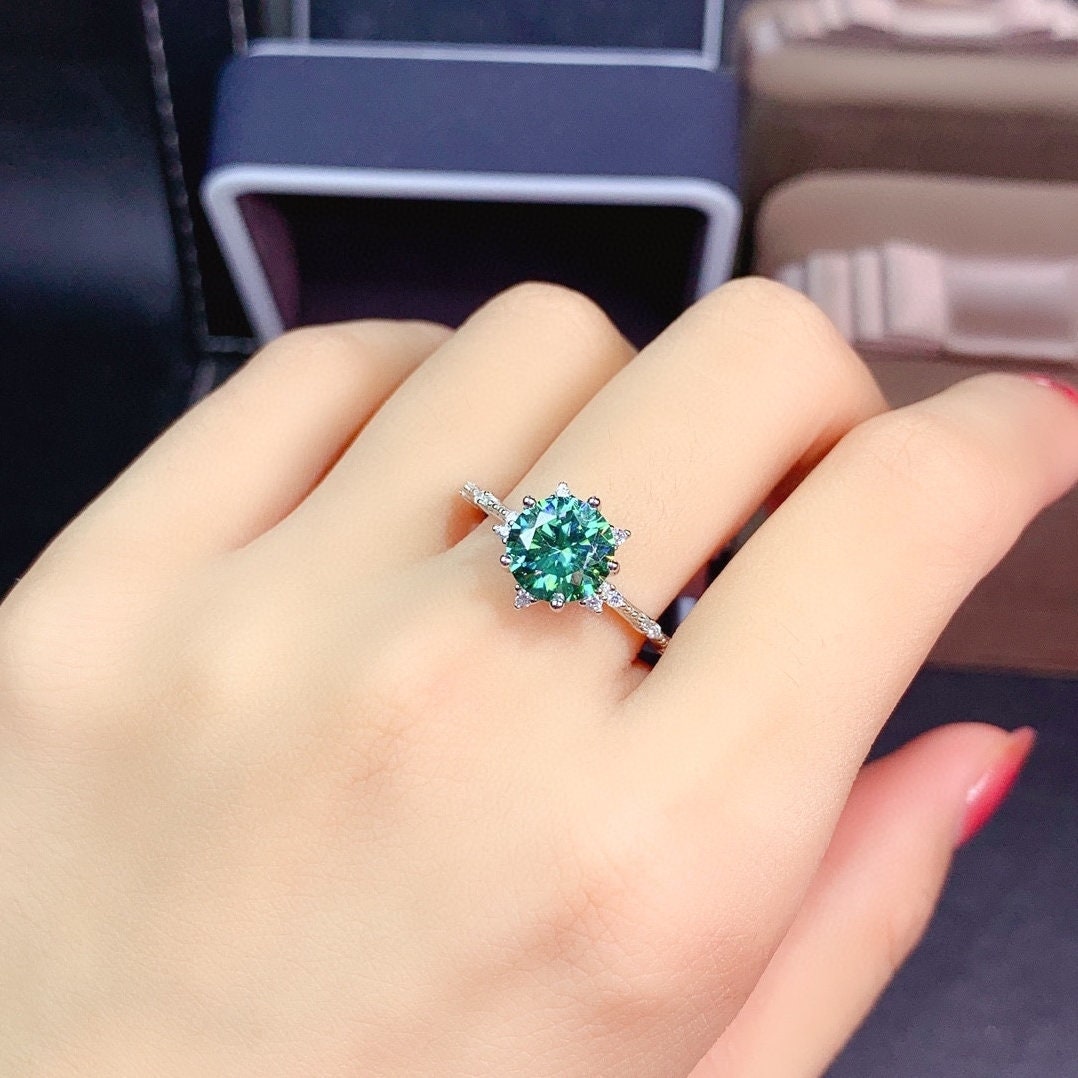 2 Carat Top Grade Bluish Green Moissanite Ring, S925 Sterling Silver, Handmade Wedding Engagement Gift For Women Her