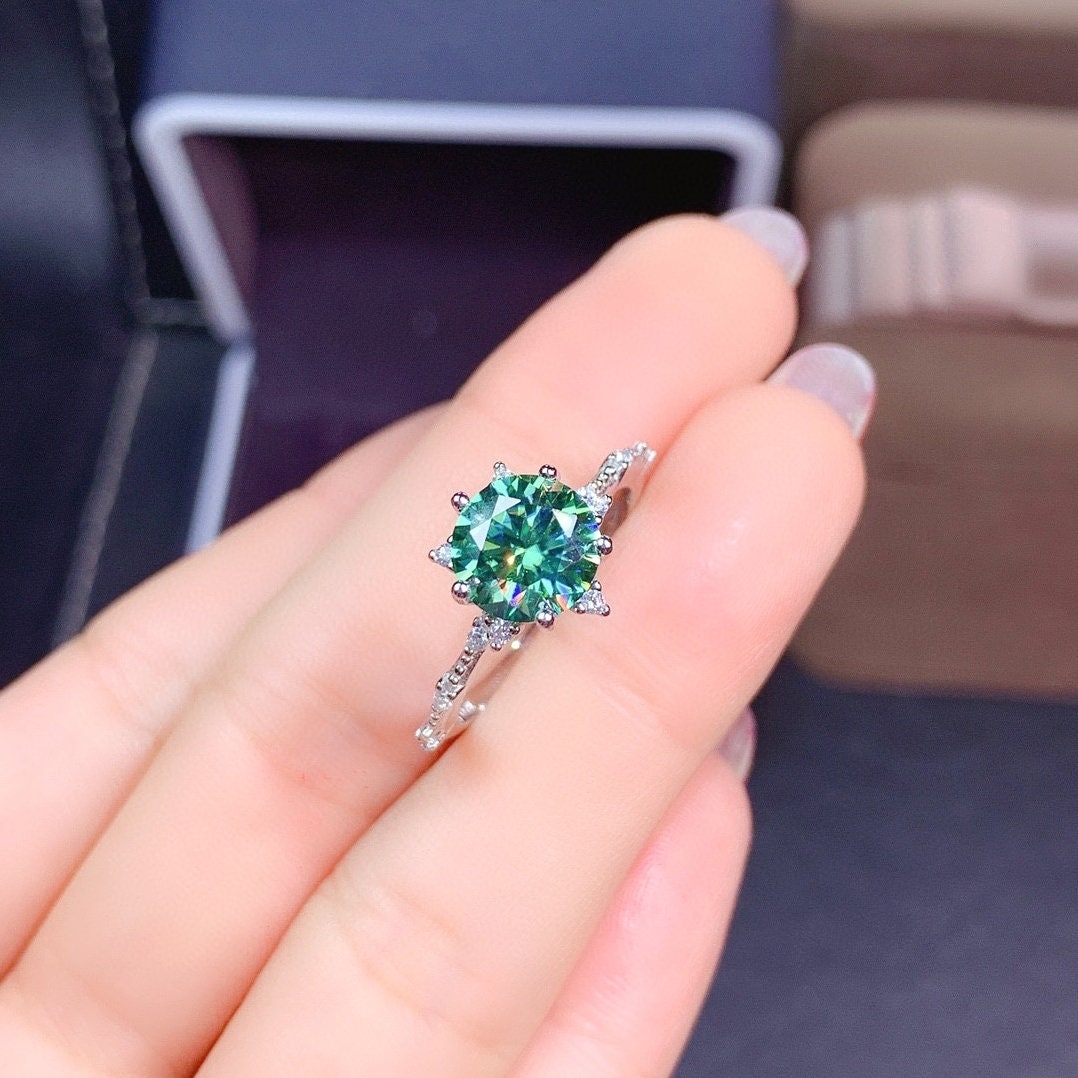 2 Carat Top Grade Bluish Green Moissanite Ring, S925 Sterling Silver, Handmade Wedding Engagement Gift For Women Her
