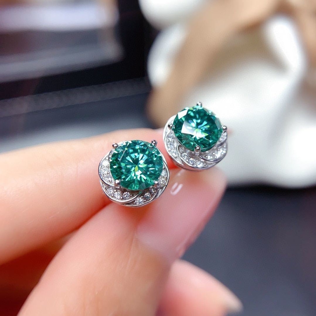 1ct+1ct Shinning Bluish Green Moissanite Earrings, S925 Sterling Silver, Handmade Engagement Gift  For Women Her