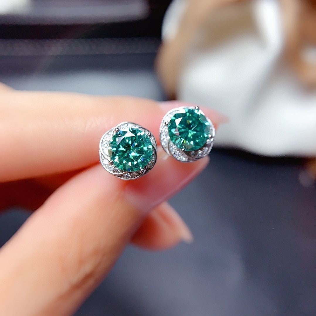 1ct+1ct Shinning Bluish Green Moissanite Earrings, S925 Sterling Silver, Handmade Engagement Gift  For Women Her