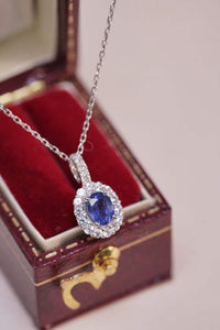 18K White Gold Natural Blue Sapphire Pendant Necklace, Diamond Side Stones, Gold Pendant For Women, Handmade Engagement Gift For Women Her