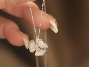 18K White Gold Diamond Pendant Necklace, Petal Design, Handmade Wedding Anniversary Engagement Proposal Promise Gift  For Women Her