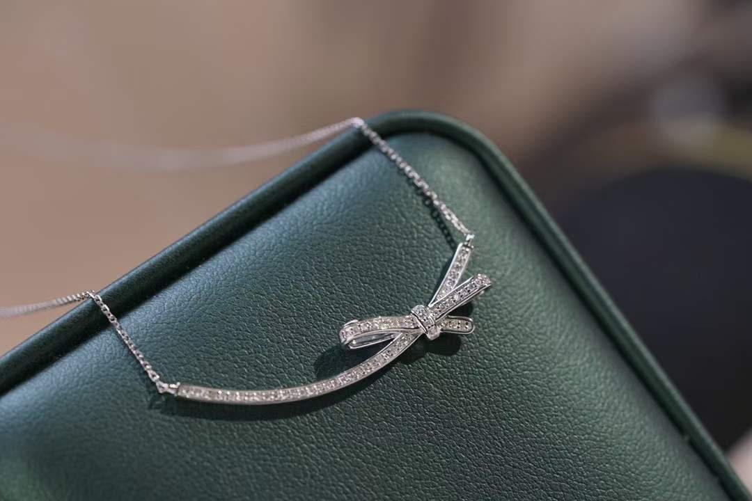 18K White Gold Diamond Pendant Necklace, Bow Design, Handmade Wedding Anniversary Engagement Proposal Promise Gift  For Women Her
