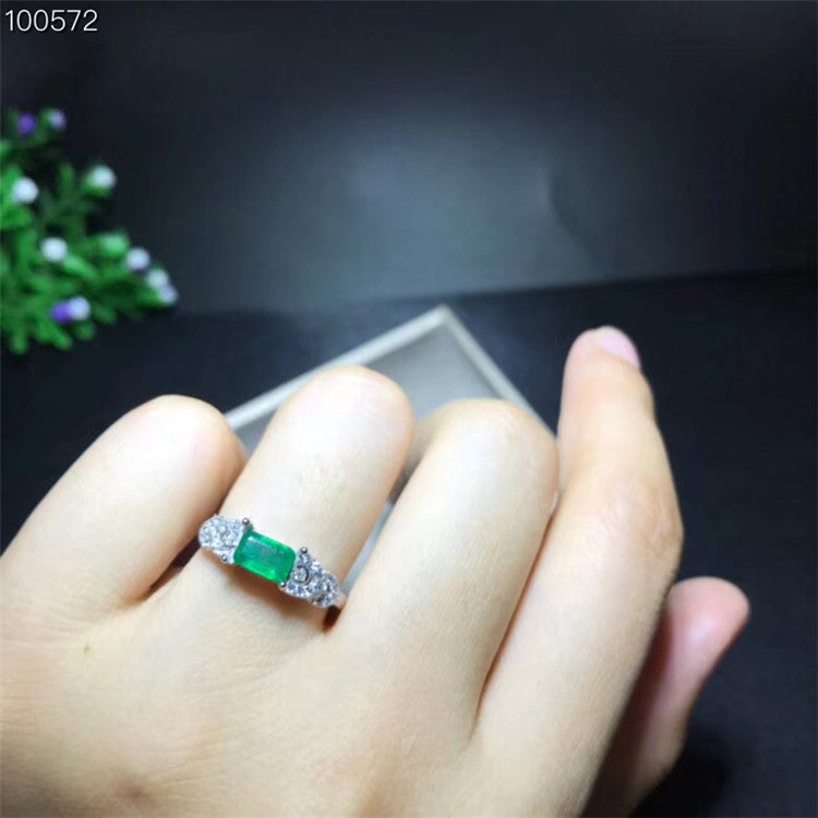 Natural Green Emerald Ring, Sterling Silver With 18K White Gold Plating, May Birthstone, Handmade Engagement Gift For Women Her