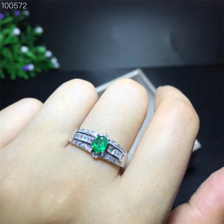 Natural Green Emerald Ring, Sterling Silver With 18K White Gold Plating, May Birthstone, Handmade Engagement Gift For Women Her