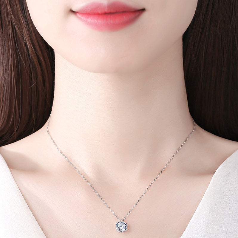 J1284 1 or 2 Carat Moissanite Pendant Necklace, Free Chain, Sterling Silver With 18K White Gold Plating, Handmade Engagement Gift  For Women Her