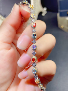 J019 Natural Colorful Sapphire Bracelet, Sterling Silver With 18K White Gold Plating, September Birthstone, Engagement Wedding, Gift For Women