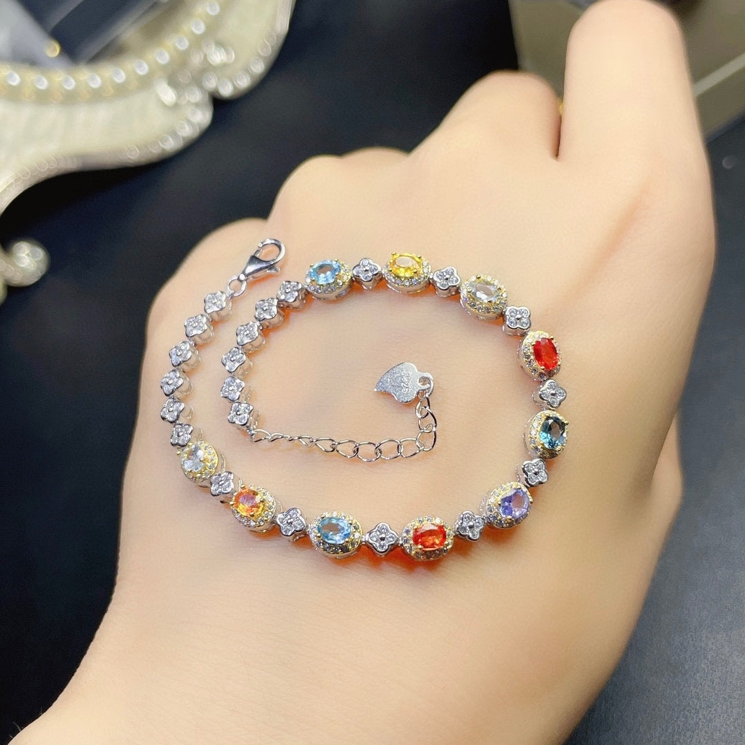 J019 Natural Colorful Sapphire Bracelet, Sterling Silver With 18K White Gold Plating, September Birthstone, Engagement Wedding, Gift For Women
