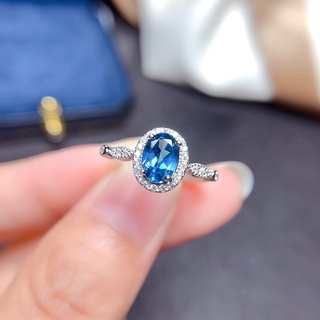 J018 Natural London Blue Topaz Ring, Sterling Silver With 18K White Gold Plating, November Birthstone, Handmade Engagement Gift For Women Her