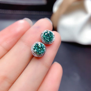 J002 1ct+1ct Shinning Bluish Green Moissanite Earrings, Sterling Silver With 18K White Gold Plating, Handmade Engagement Gift For Women Her