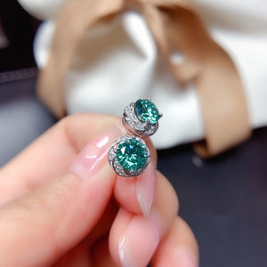 J002 1ct+1ct Shinning Bluish Green Moissanite Earrings, Sterling Silver With 18K White Gold Plating, Handmade Engagement Gift For Women Her