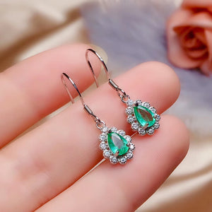 J003 Natural Green Emerald Earrings, Sterling Silver With 18K White Gold Plating, May Birthstone, Handmade Engagement Gift For Women Her