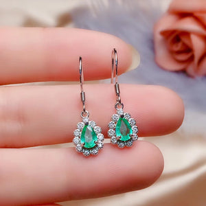 J003 Natural Green Emerald Earrings, Sterling Silver With 18K White Gold Plating, May Birthstone, Handmade Engagement Gift For Women Her