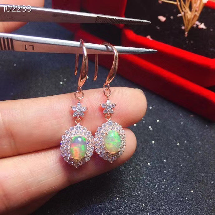 J009 Natural Opal Earrings, Solid Rainbow Fire Opal, Sterling Silver Earrings, October Birthstone, Handmade Engagement Gift For Women Her