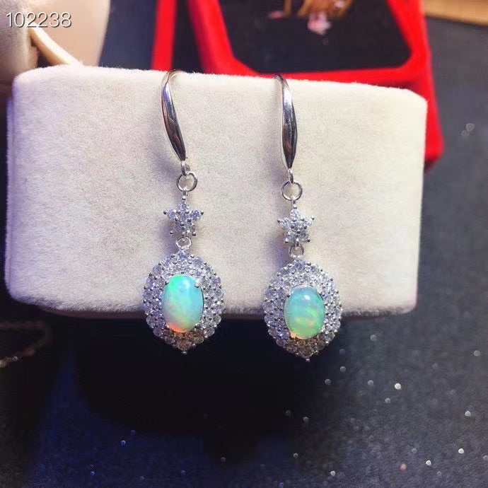 J009 Natural Opal Earrings, Solid Rainbow Fire Opal, Sterling Silver Earrings, October Birthstone, Handmade Engagement Gift For Women Her