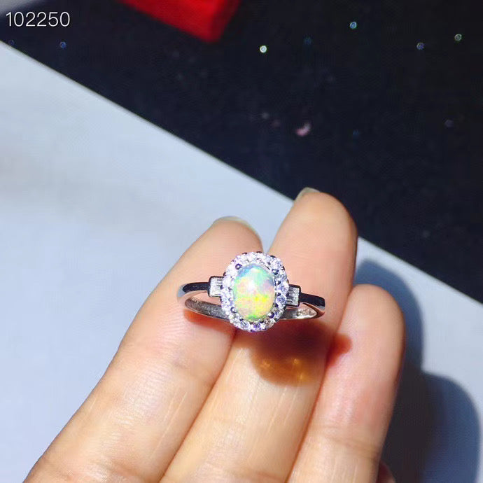 J010 Natural Opal Ring, Solid Rainbow Fire Opal, Sterling Silver With 18K Gold Plating, October Birthstone, Handmade Engagement Gift For Her Mum