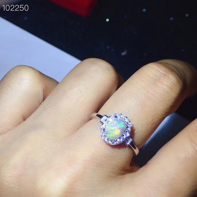 J010 Natural Opal Ring, Solid Rainbow Fire Opal, Sterling Silver With 18K Gold Plating, October Birthstone, Handmade Engagement Gift For Her Mum