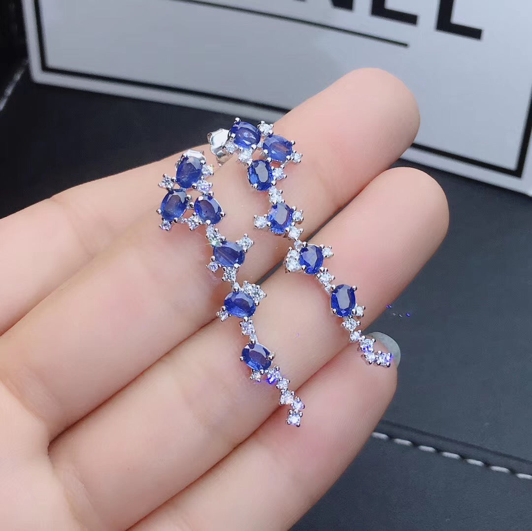 Natural Blue Sapphire Earrings, Sterling Silver With 18K White Gold Plating, September Birthstone, Handmade Engagement Gift For Women Her