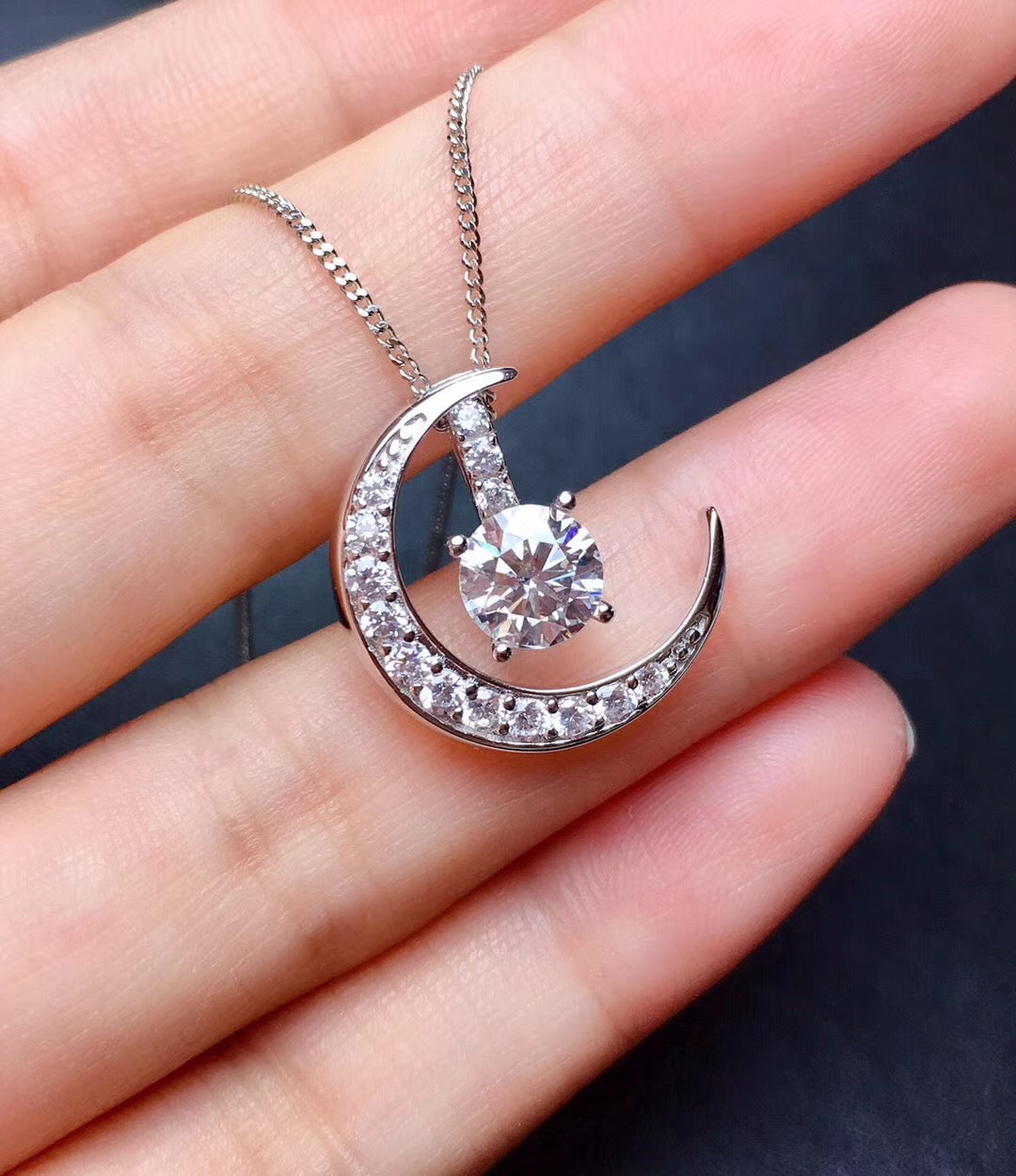 1 Carat Moissanite Moon and Star Pendant Necklace, Sterling Silver With 18K White Gold Plating, Handmade Engagement Gift  For Women Her