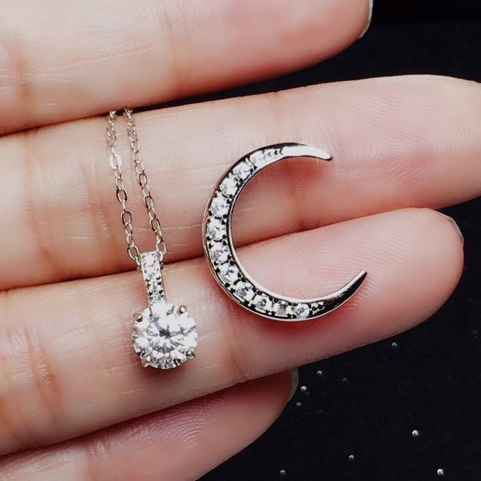 1 Carat Moissanite Moon and Star Pendant Necklace, Sterling Silver With 18K White Gold Plating, Handmade Engagement Gift  For Women Her