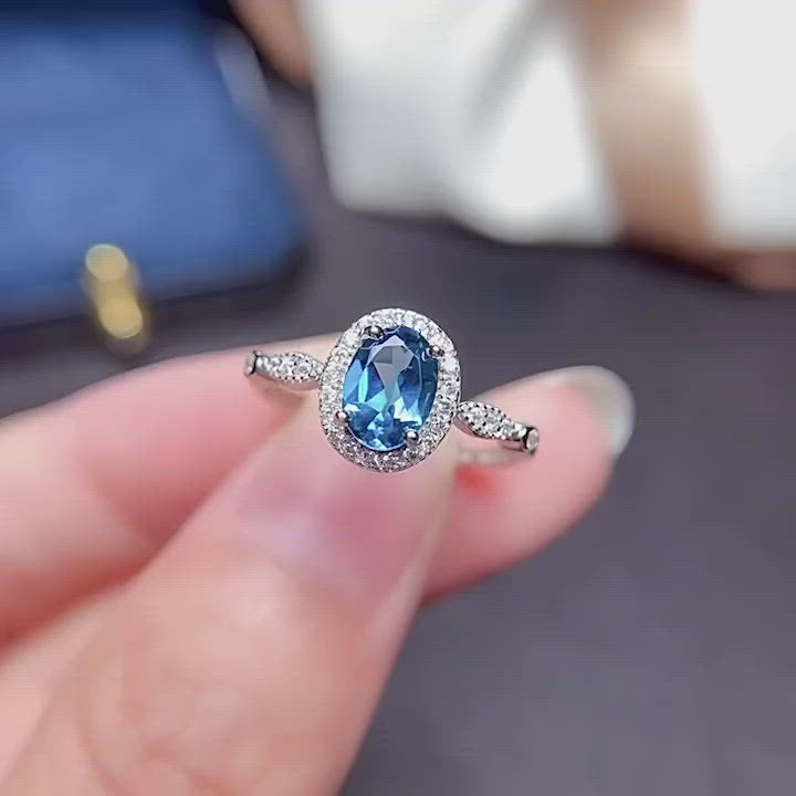 J018 Natural London Blue Topaz Ring, Sterling Silver With 18K White Gold Plating, November Birthstone, Handmade Engagement Gift For Women Her