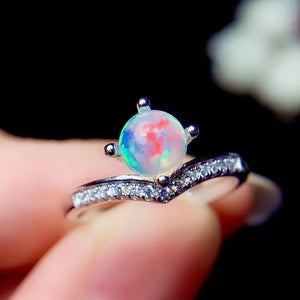 J014 Natural Opal Ring, Solid Rainbow Fire Opal, Sterling Silver With 18K White Gold Plating, October Birthstone, Handmade Gift For Her Mum