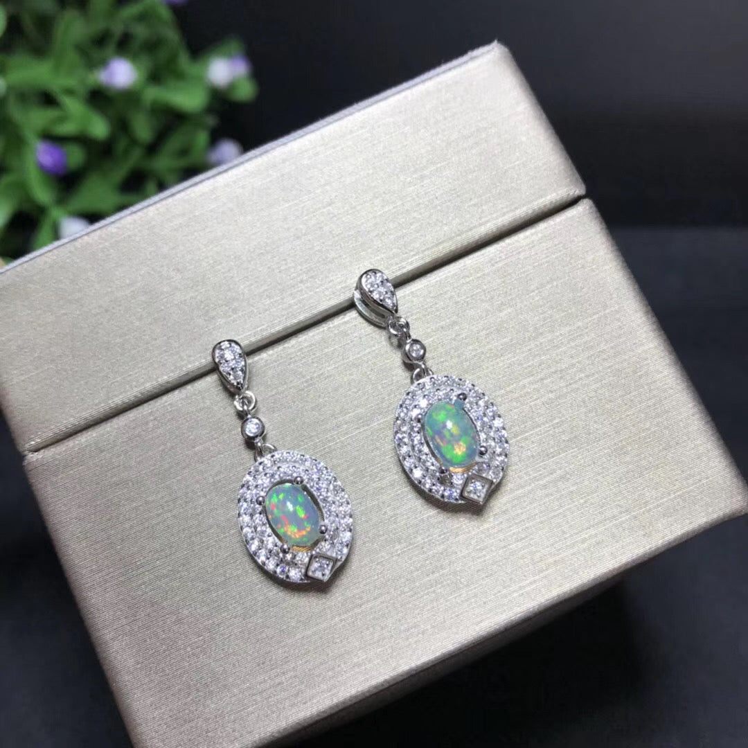J015 Natural Opal Earrings, Sterling Silver With 18K White Gold Plating, October Birthstone, Handmade Engagement Gift For Women Her