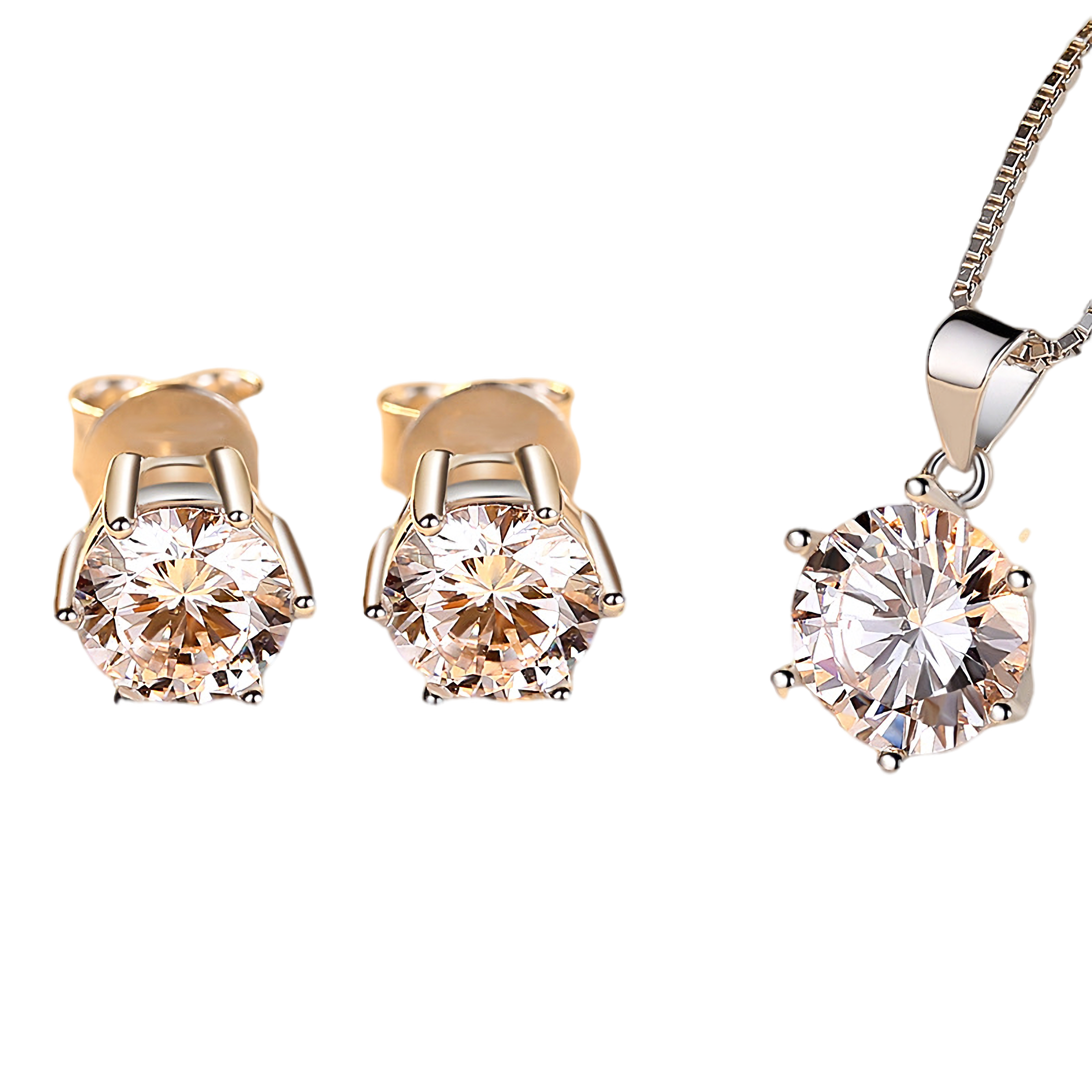 J1292 1 Carat Moissanite Earrings Pendant Necklace Set, Moissanite Diamond, Sterling Silver With 18K White Gold Plating, Handmade