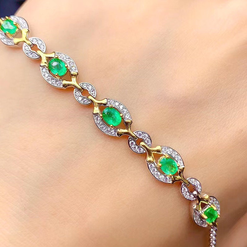 Natural Green Emerald Bracelet, Sterling Silver With 18K Gold Plating, Handmade Engagement Gift For Women Her