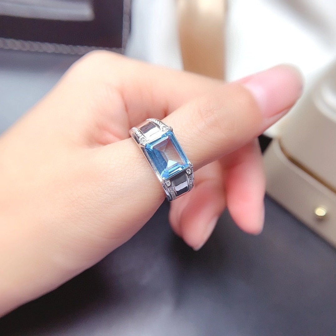 Natural Blue Topaz Ring, S925 Sterling Silver, November Birthstone, Handmade Engagement Gift For Men