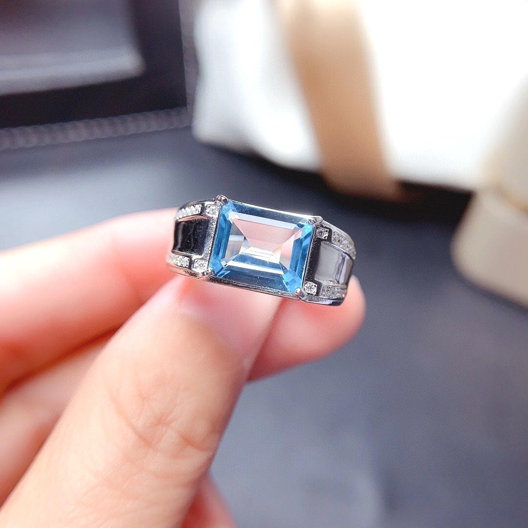 Natural Blue Topaz Ring, S925 Sterling Silver, November Birthstone, Handmade Engagement Gift For Men