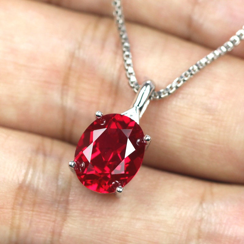 Blood Red Ruby Pendant Necklace, Created Ruby, July Birthstone, Sterling Silver, Handmade Engagement Gift For Women Her