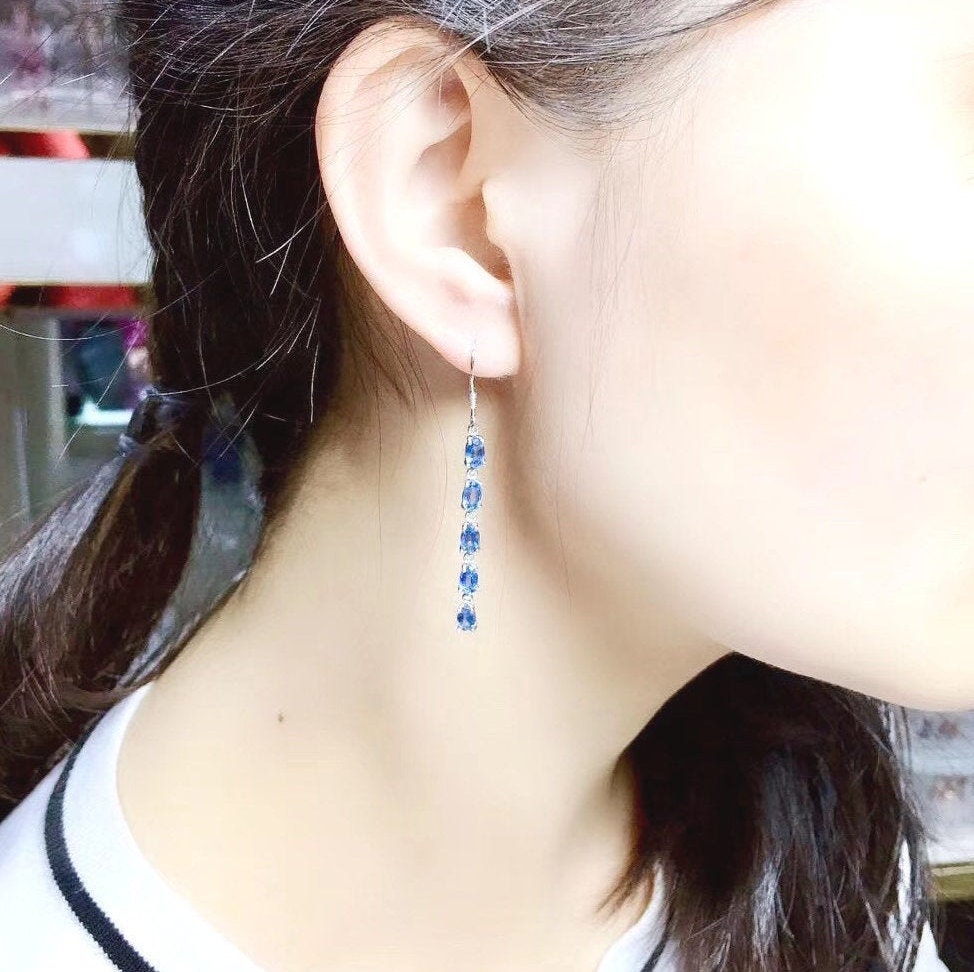 Natural Blue Sapphire Earrings, S925 Sterling Silver, September Birthstone, Handmade Engagement Gift For Women Her