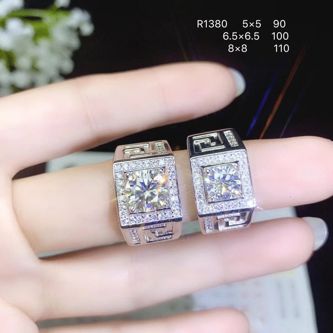 1 or 2 Carat Top Grade Moissanite Ring For Men, S925 Sterling Silver, Handmade Wedding Engagement Gift Art Deco