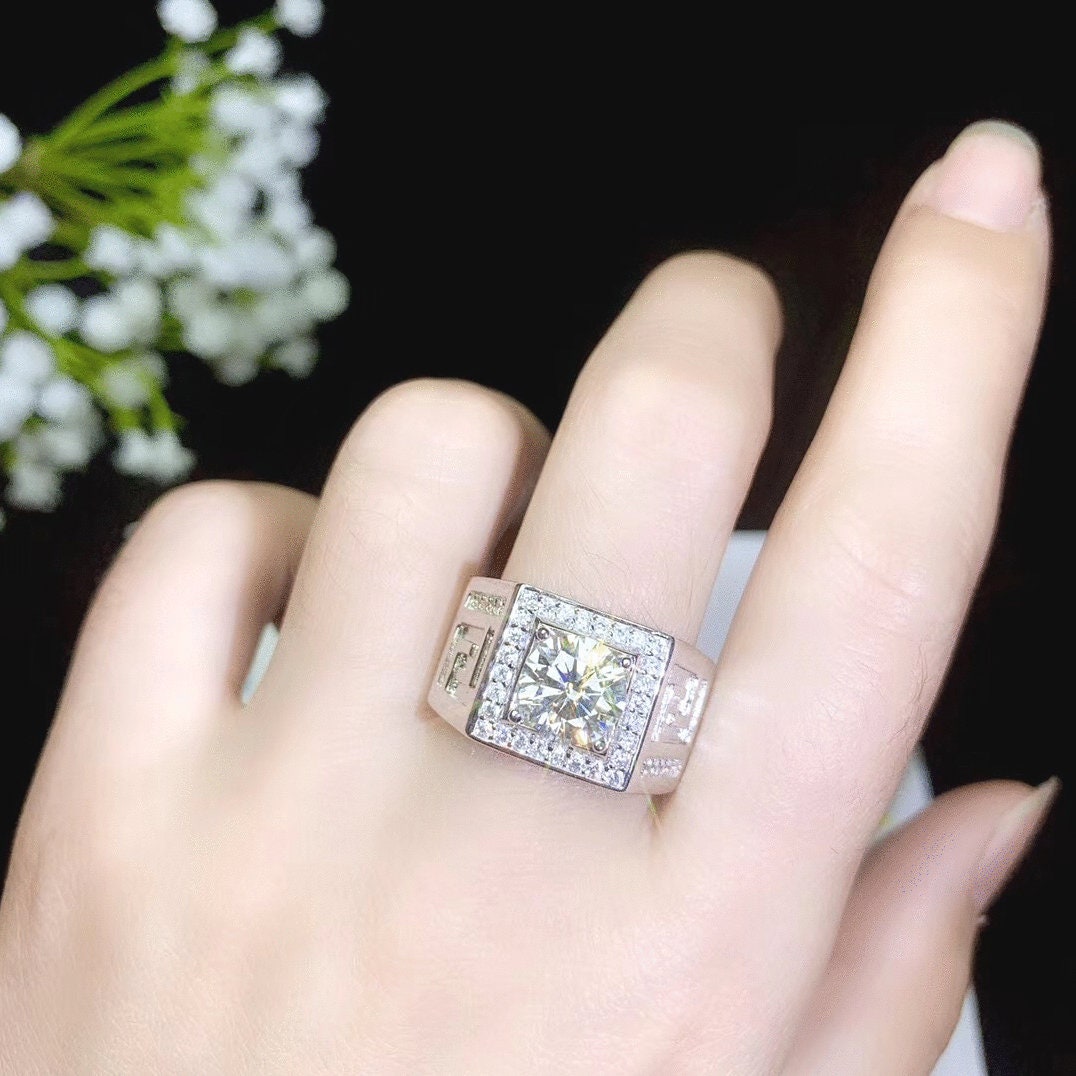 1 or 2 Carat Top Grade Moissanite Ring For Men, S925 Sterling Silver, Handmade Wedding Engagement Gift Art Deco