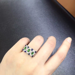Natural Green Tsavorite And Blue Sapphire Ring, S925 Sterling Silver, Handmade Engagement Gift For Women Her Mum