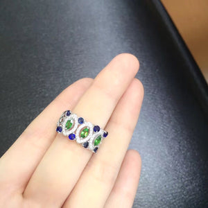 Natural Green Tsavorite And Blue Sapphire Ring, S925 Sterling Silver, Handmade Engagement Gift For Women Her Mum