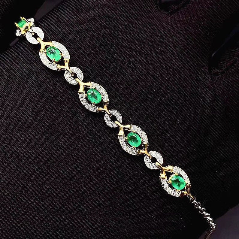 Natural Green Emerald Bracelet, Sterling Silver With 18K Gold Plating, Handmade Engagement Gift For Women Her