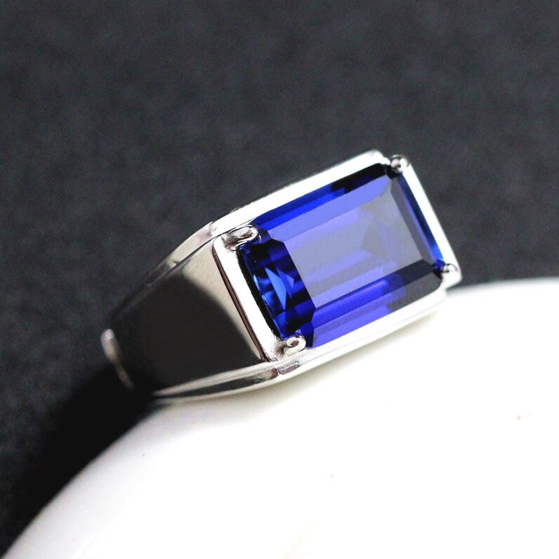 Royal Blue Sapphire Ring, Created Sapphire, September Birthstone, S925 Sterling Silver, Handmade Gift For Men