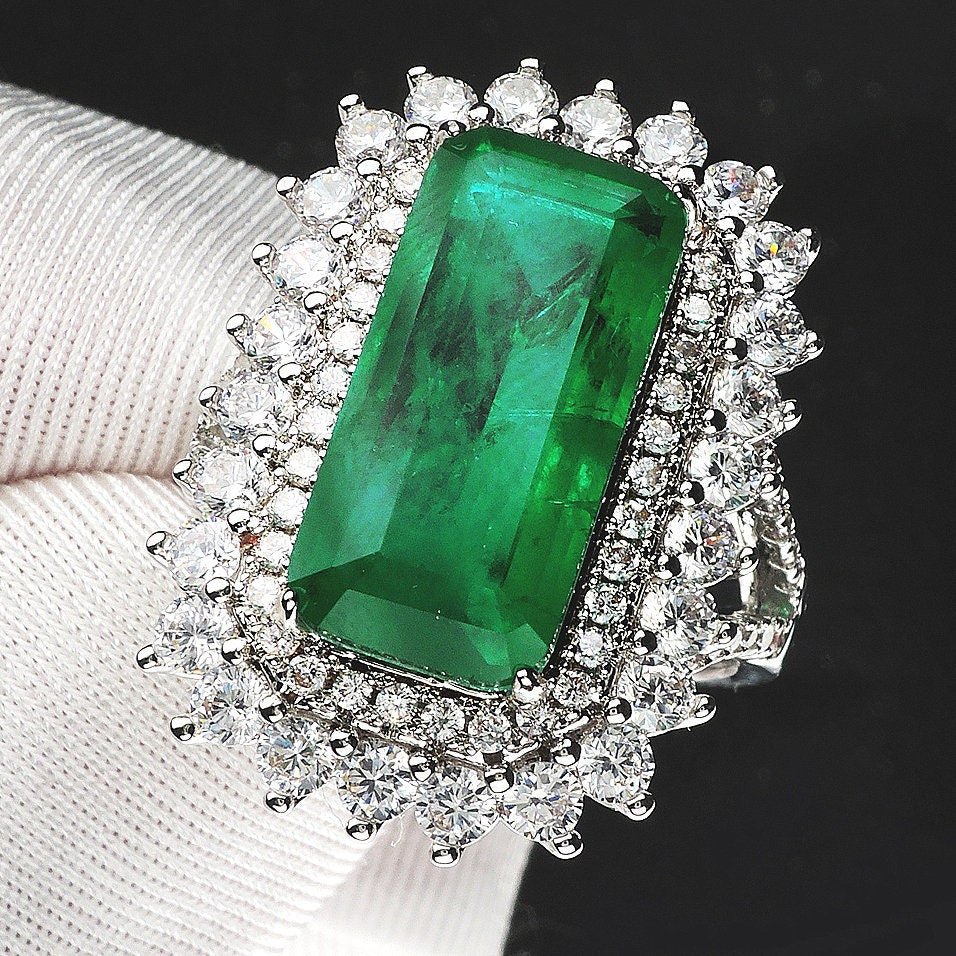Huge Green Emerald Ring, Created Emerald, May Birthstone, Engagement Cocktail Wedding Ring, Handmade Engagement Gift For Women Her