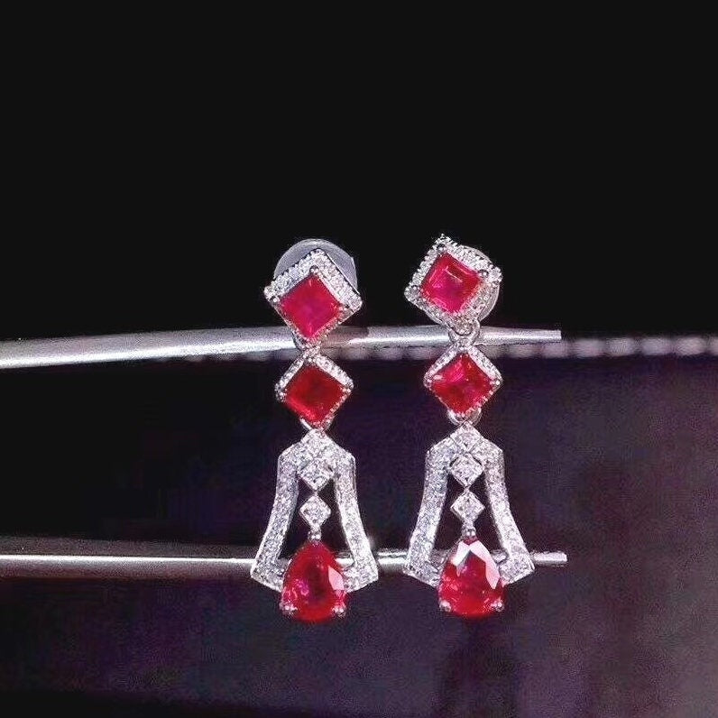 Natural Red Ruby Earrings, S925 Sterling Silver, July Birthstone, Handmade Engagement Gift For Women Her