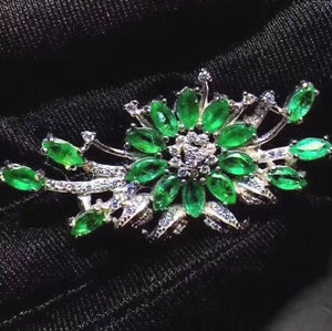 Natural Green Emerald Brooch, S925 Sterling Silver, May Birthstone, Handmade Engagement Gift For Women Her