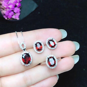 Natural Red Garnet Ring Pendant Earrings Set, January Birthstone, S925 Sterling Silver, Engagement Gift For Women