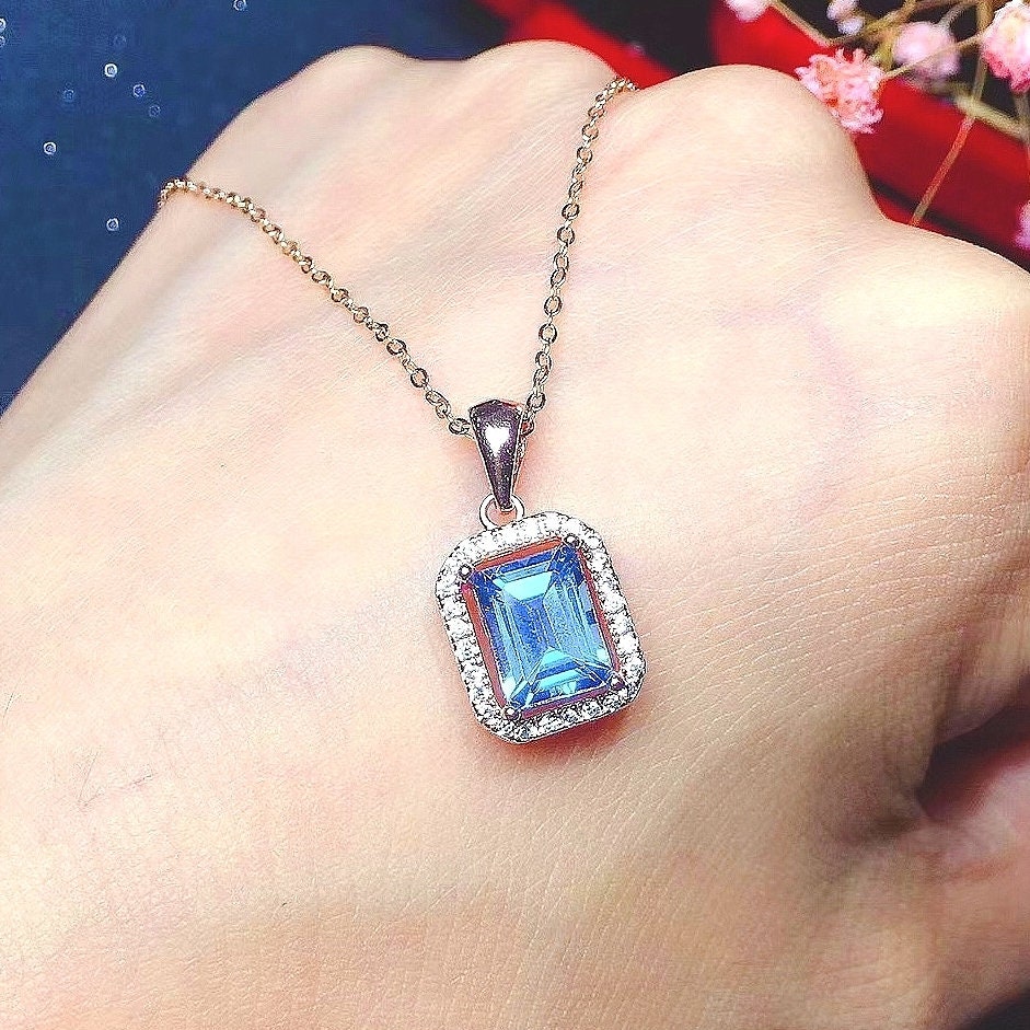 Natural Blue Topaz Pendant, Sterling Silver With 18K Gold Plating, February Birthstone, Handmade Engagement Gift For Women Her