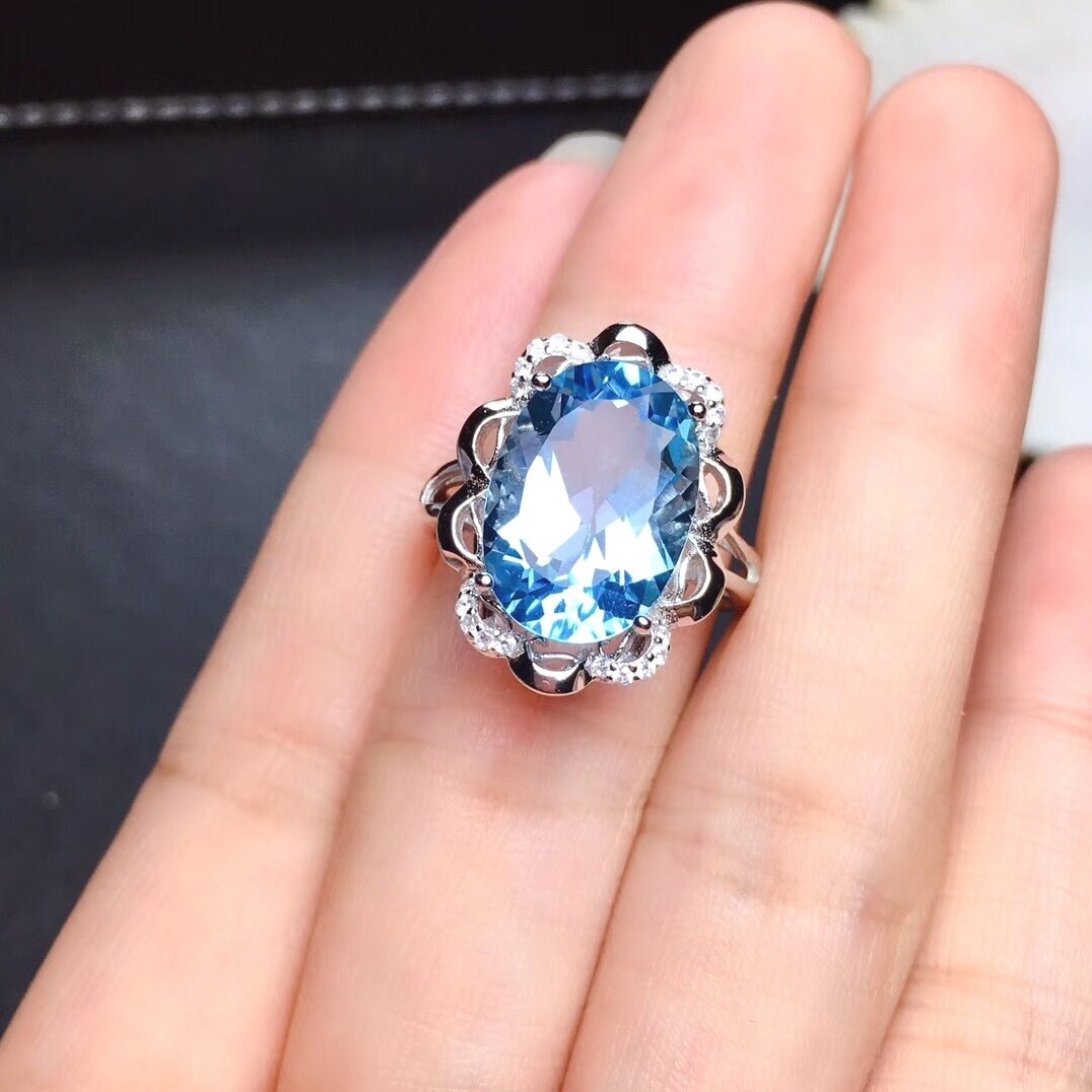 Huge Natural Blue Topaz Ring, S925 Sterling Silver, November Birthstone, Handmade Engagement Gift For Women Her