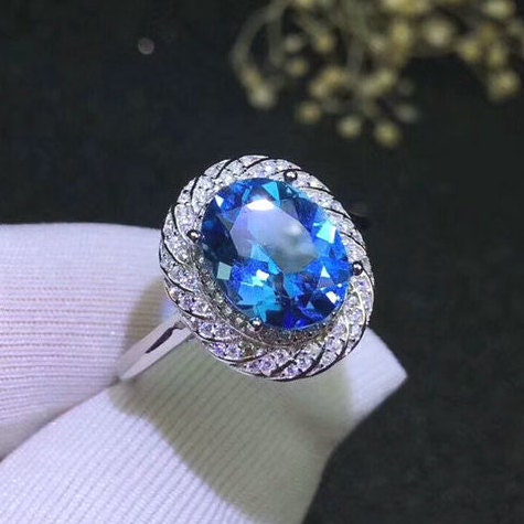 BIG Natural Blue Topaz Ring, S925 Sterling Silver, November Birthstone, Handmade Engagement Gift For Women Her
