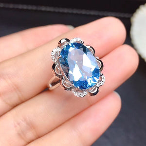 Huge Natural Blue Topaz Ring, S925 Sterling Silver, November Birthstone, Handmade Engagement Gift For Women Her