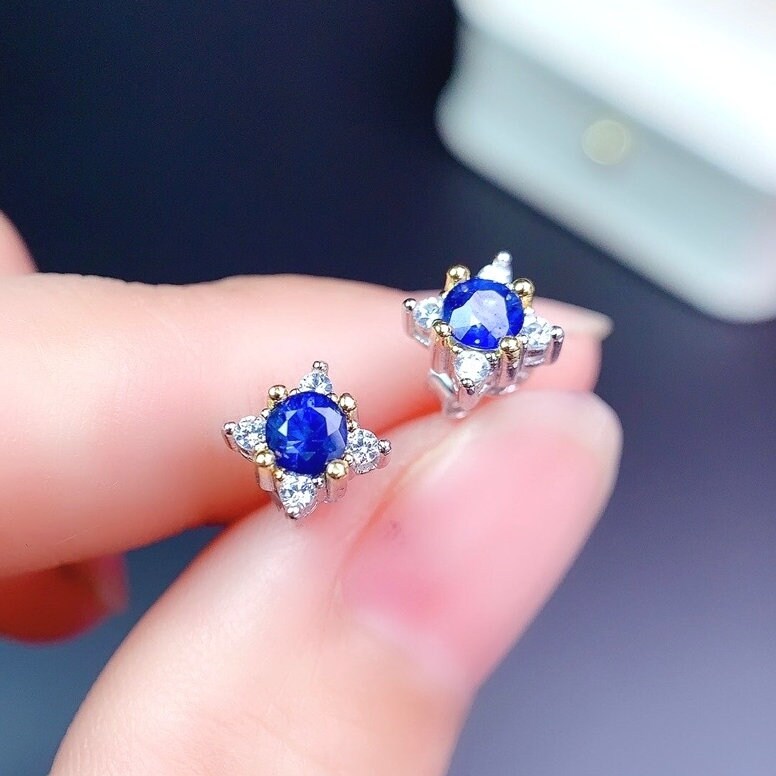 Royal Blue Sapphire Earrings, S925 Sterling Silver, September Birthstone, Handmade Engagement Gift For Women Her